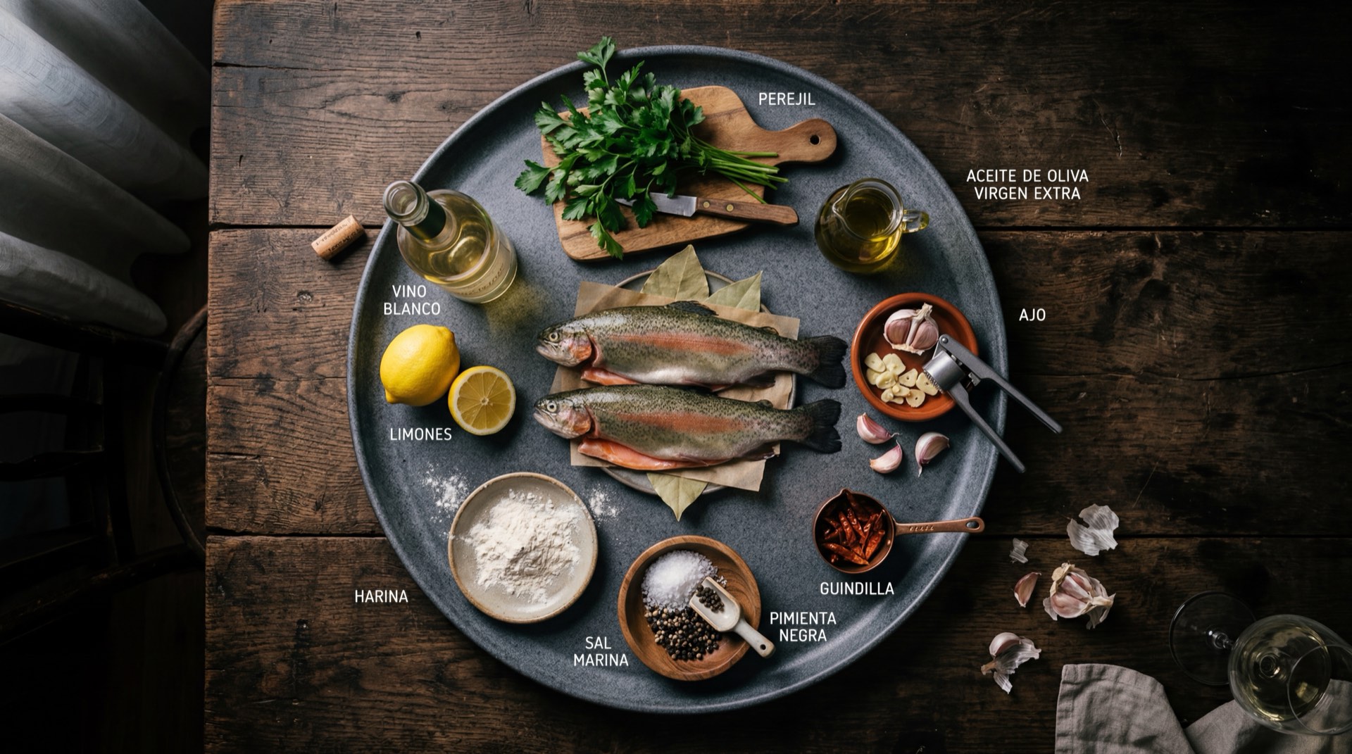 Ingredientes de la trucha al ajillo: filetes de trucha arcoiris fresca, mantequilla sin sal, laminas de ajo, limones verdes, perejil fresco y aceite de oliva