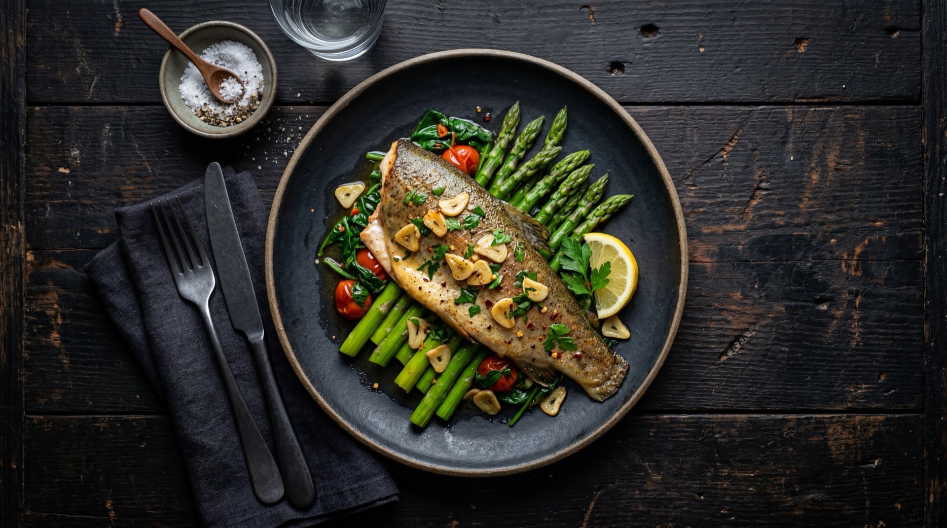 Trucha a la plancha con ajo y limon verde, version ligera sin mantequilla con ensalada fresca