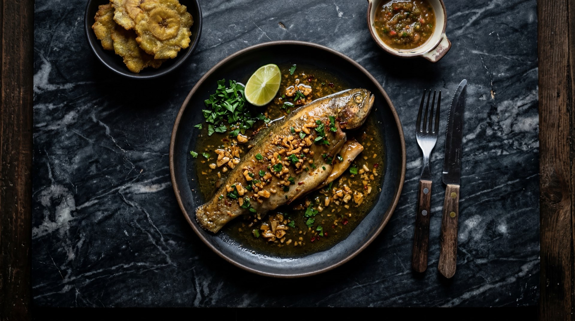 Trucha al ajillo boyacense con mantequilla dorada, laminas de ajo y perejil fresco