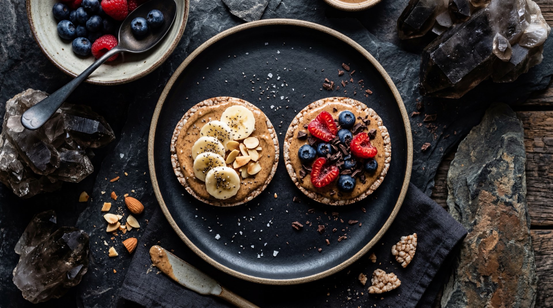 Alternativa saludable al Wafer Noel: galletas de arroz integral con mantequilla de mani natural y rodajas de banano maduro