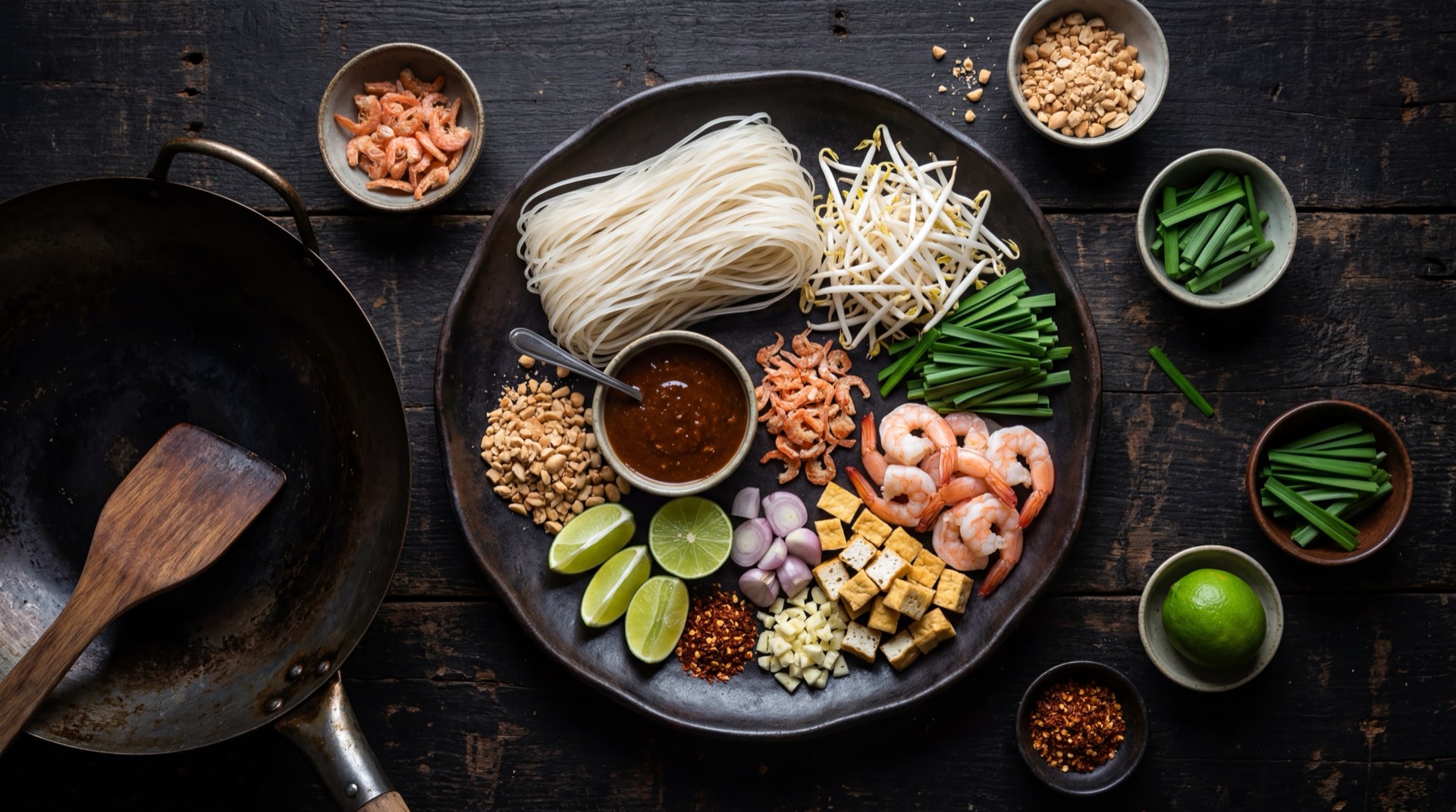 Ingredientes del pad thai: fideos de arroz secos, pechuga de pollo fresca deshuesada, huevos frescos, brotes de soya frescos, salsa de tamarindo concentrada, salsa de pescado, mani tostado triturado, cebolletas verdes frescas y limon verde fresco