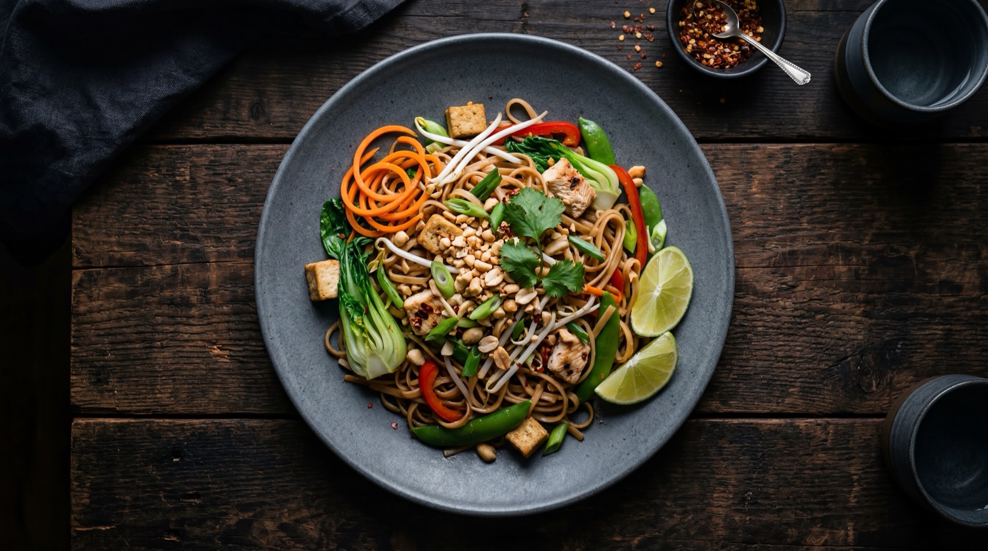 Pad thai saludable con fideos de calabacin (zoodles) en vez de fideos de arroz, con pollo a la plancha y vegetales frescos